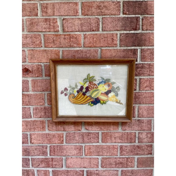 Fruit Cornucopia Embroidery Art, Needlepoint Horn of Plenty - Picture 2 of 6